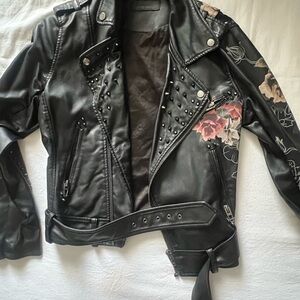 Blank NYC Black Leather Jacket with Floral Design